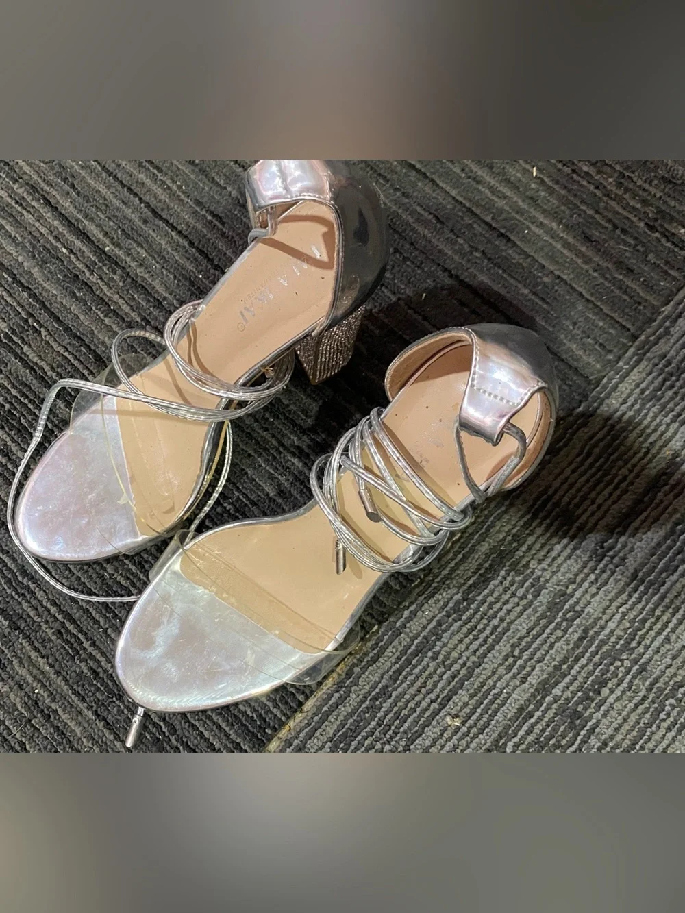 Silver Strappy Block Heel Sandals for Women